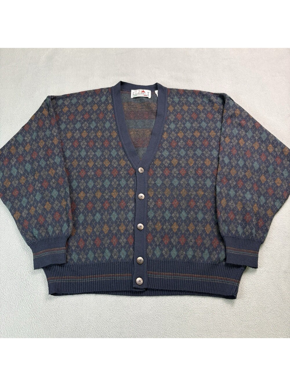 Vintage Florence Tricot Argyle Patterned Cardigan Sweater Large Made In Italy